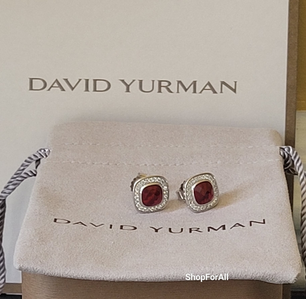 David Yurman Sterling Silver 7mm Albion Stud Earrings Garnet with Diamonds - Picture 6 of 7